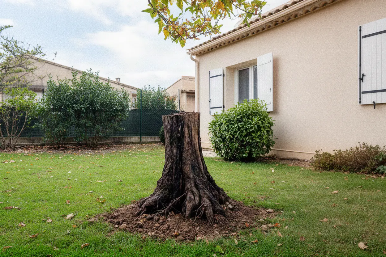 Souche d’arbre gênante au fond d’un jardin avant rognage
