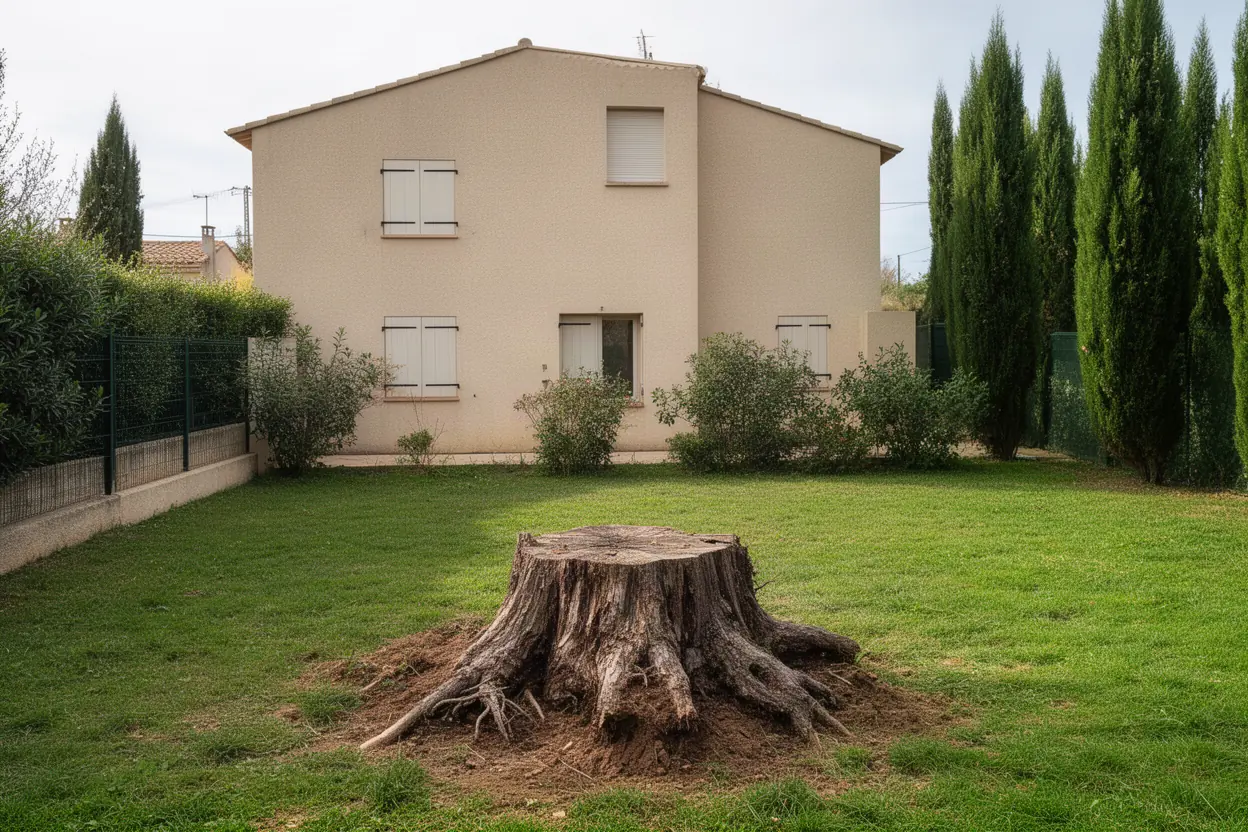 Souche d'arbre coupée au ras du sol dans une cour