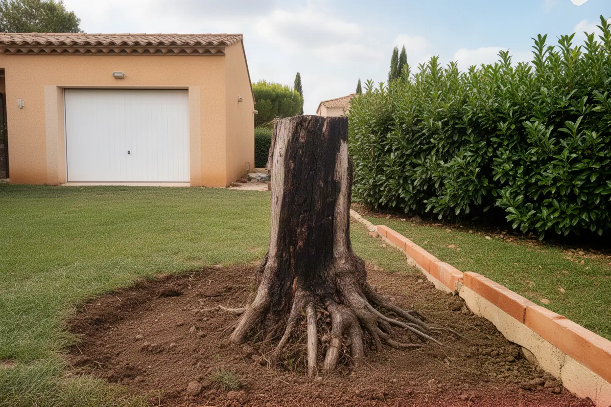 Dessouchage après coupe d’arbre à Vedène avant intervention