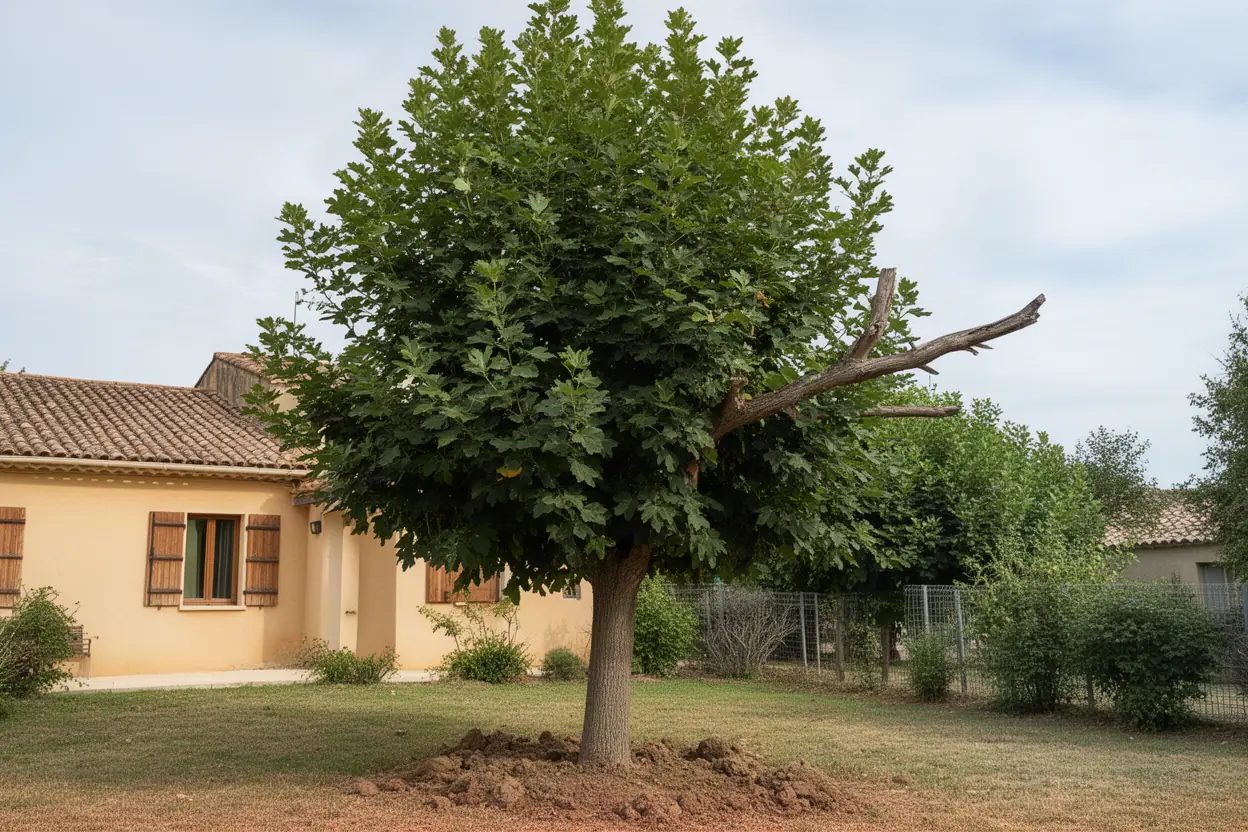 Arbre dense dont les branches touchent un toit avant la taille