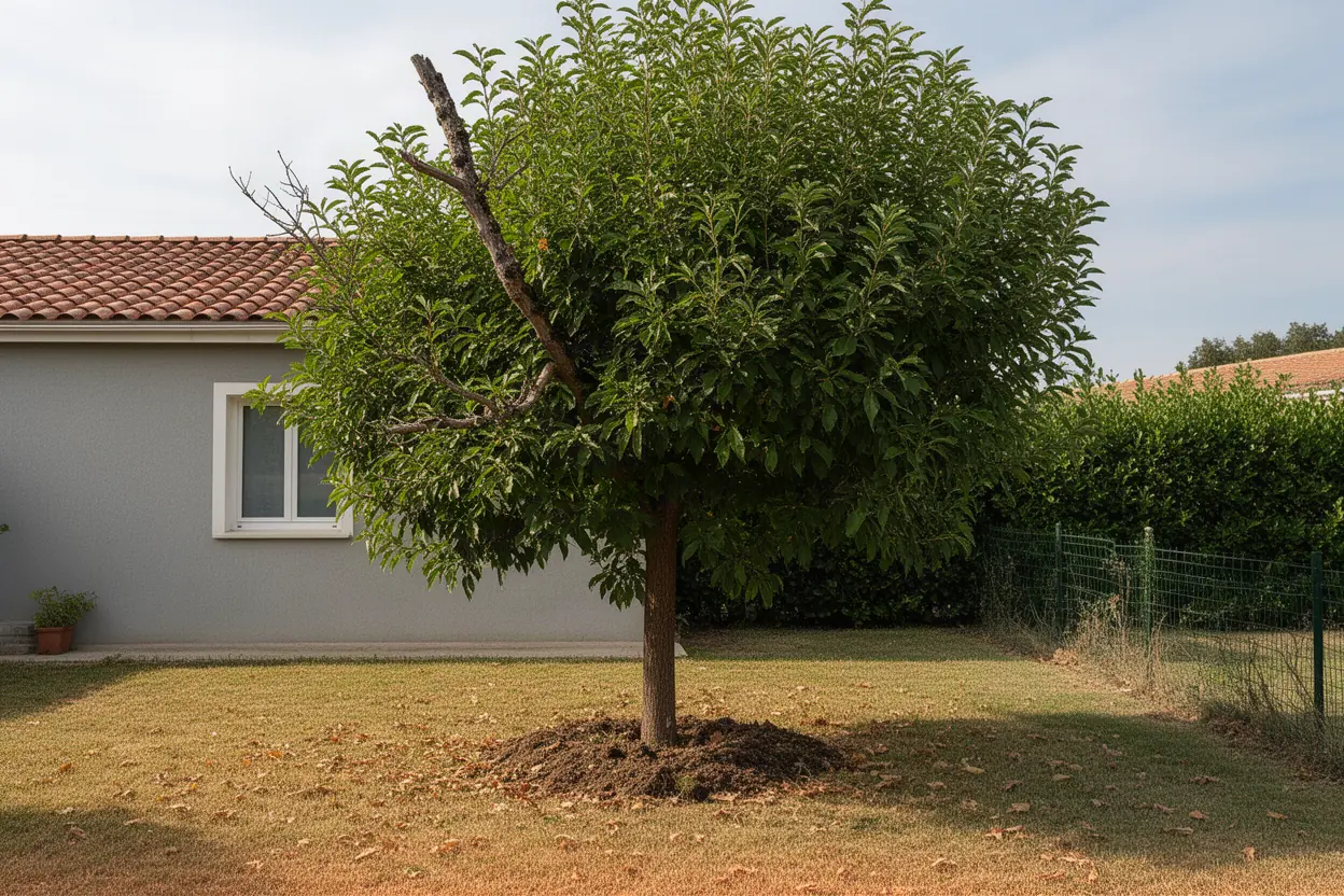 Grand arbre à la couronne dense avant intervention du grimpeur