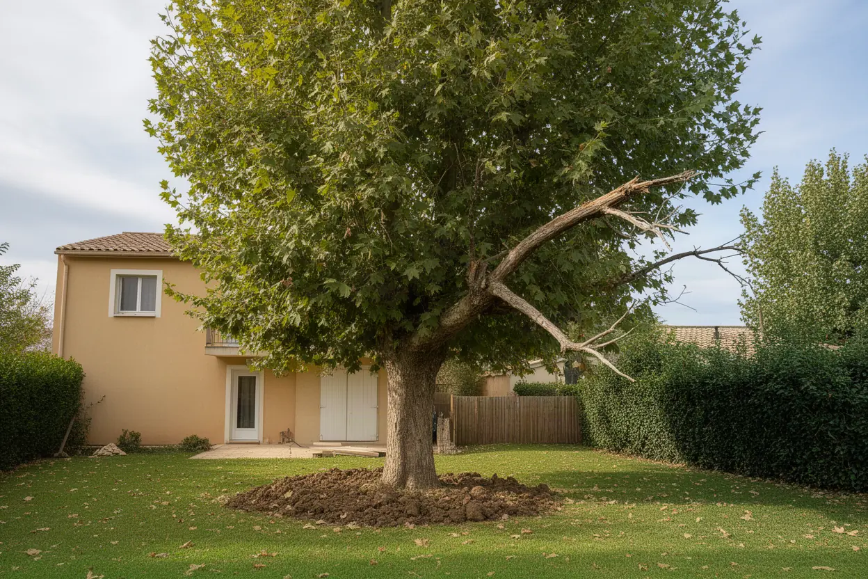 Pin au houppier dense et chargé de bois mort dans un jardin de Morières-lès-Avignon