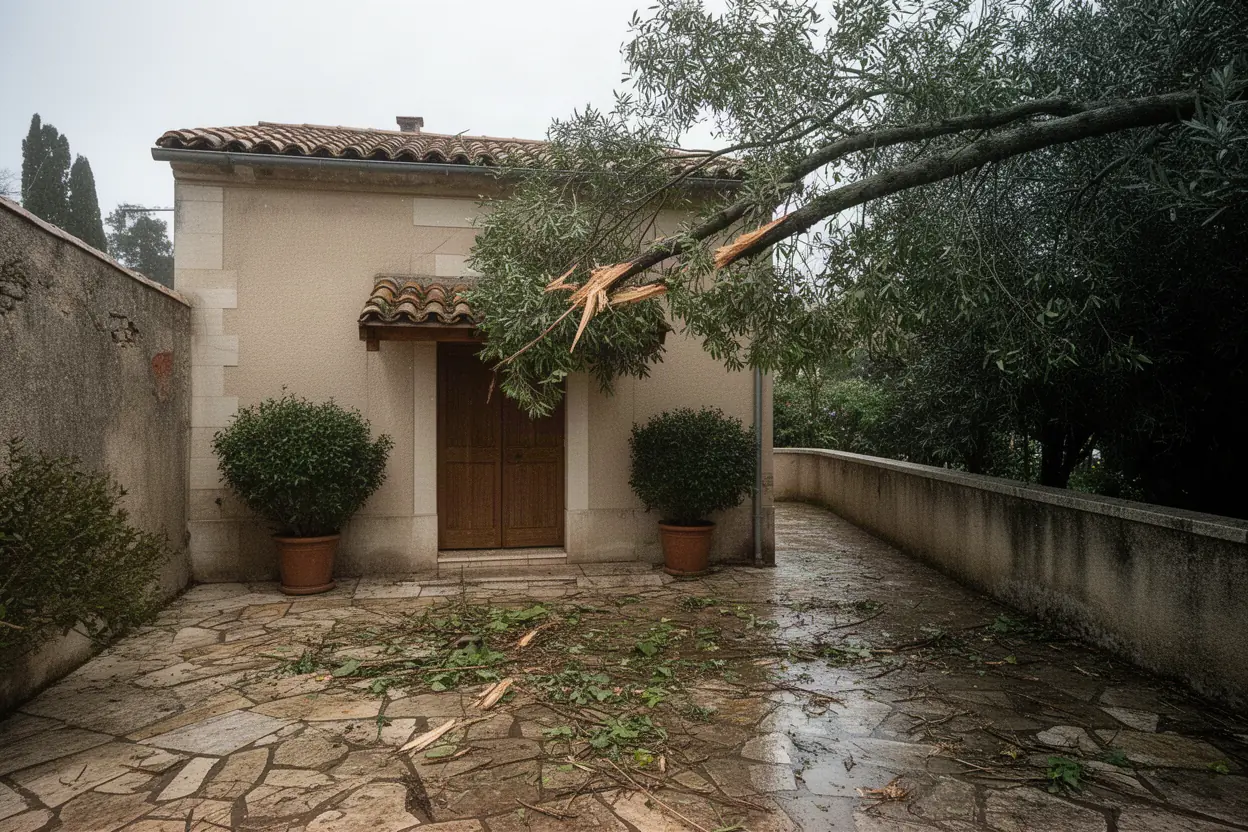 Branche cassée suspendue au-dessus d'une allée de jardin
