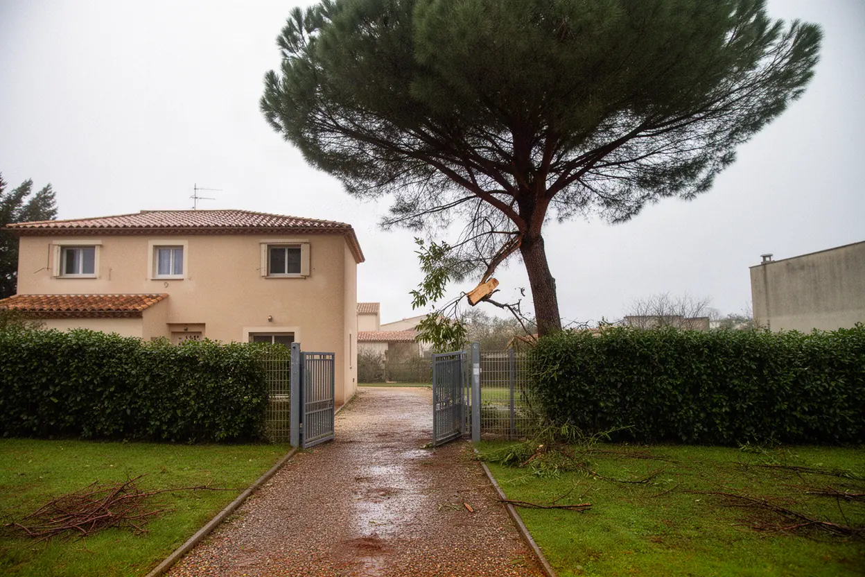 Grosse branche cassée suspendue au-dessus d'une terrasse à Morières-lès-Avignon