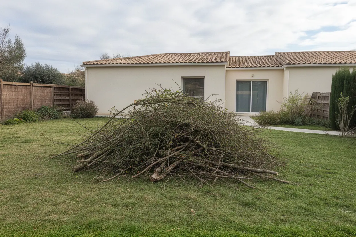Branchages au sol avant nettoyage à Noves