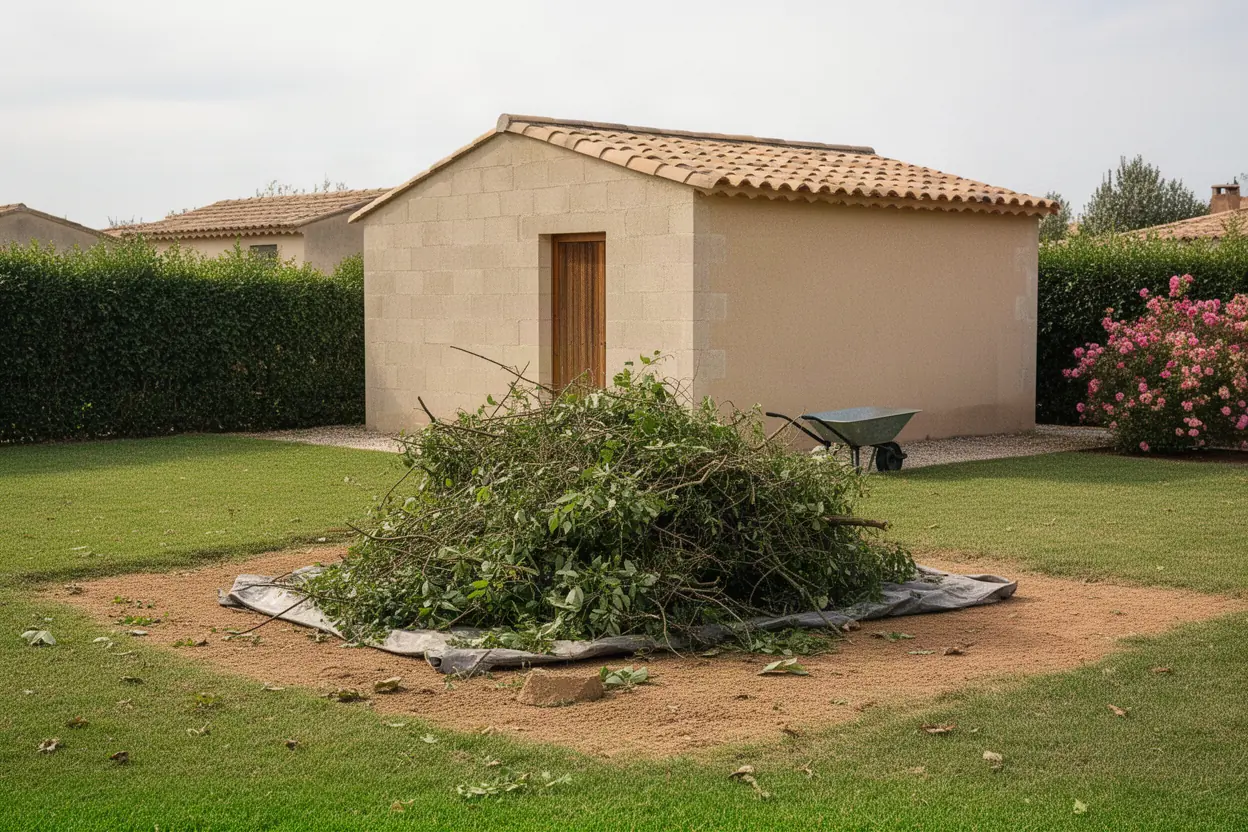 Tas de branches entassés dans un jardin avant évacuation