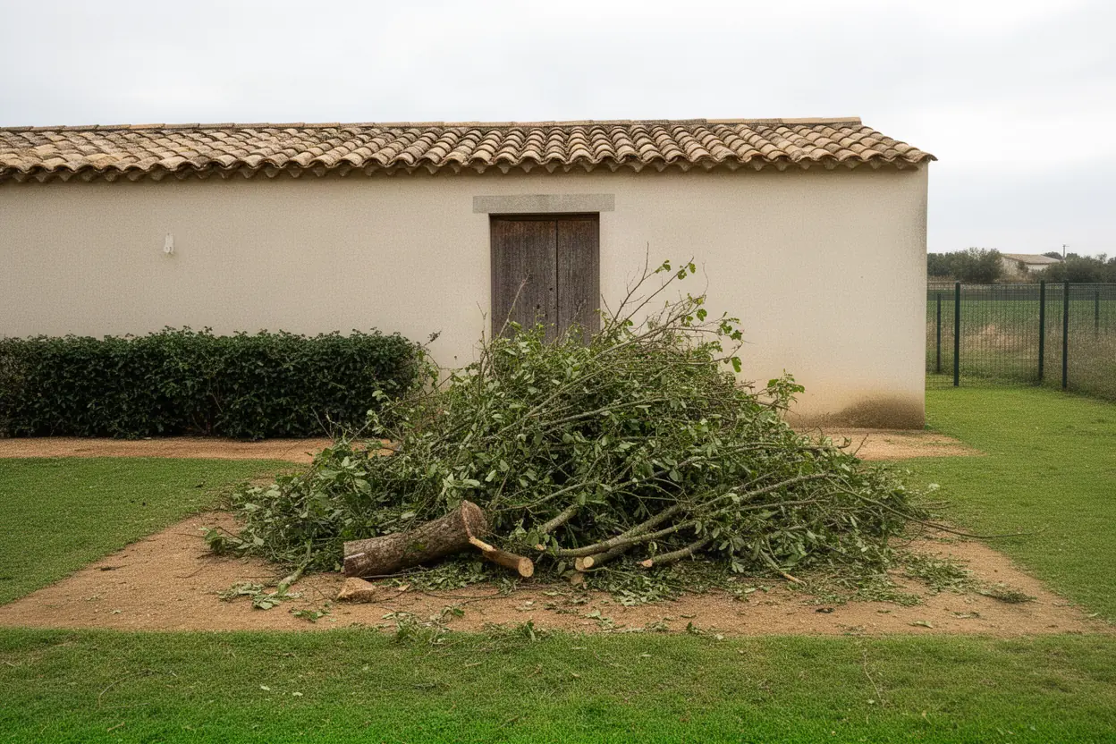 Branches et déchets verts dans une cour à Graveson