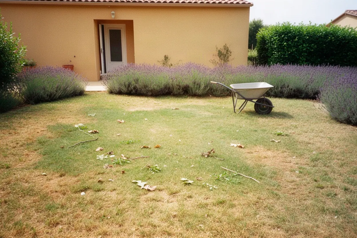 Jardin dégagé, pelouse et allée propres après évacuation