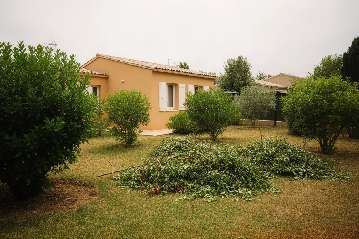 Résidus de taille répartis dans un jardin à Saint-Saturnin-lès-Avignon