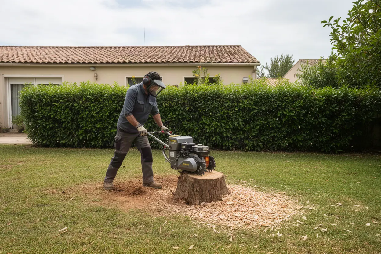 Rognage de souche dans un jardin de Barbentane