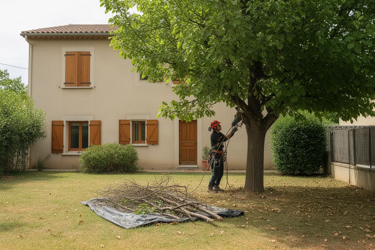 Élagueur réalisant une taille douce dans un jardin de Barbentane