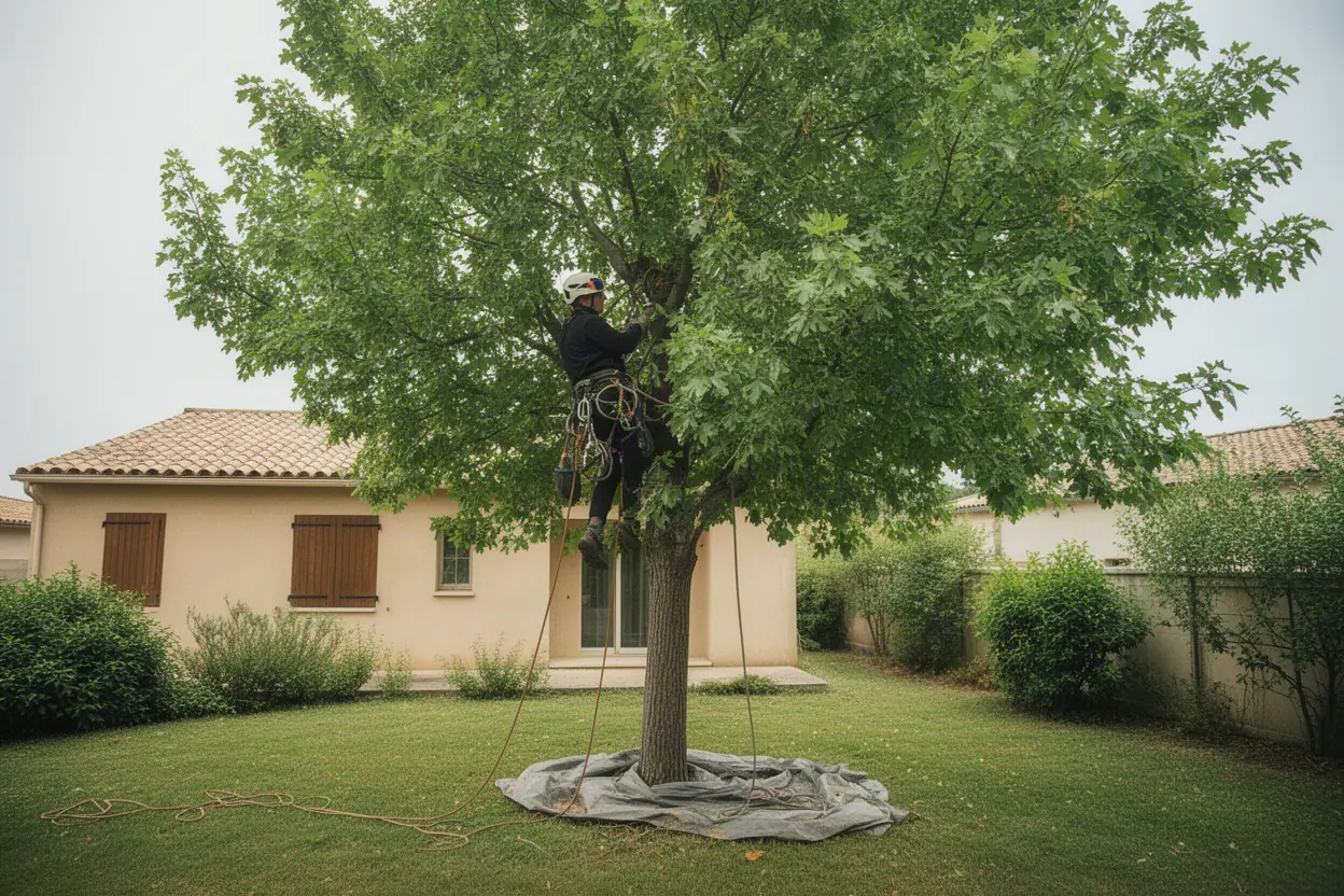 Élagueur grimpeur sur un arbre à Barbentane